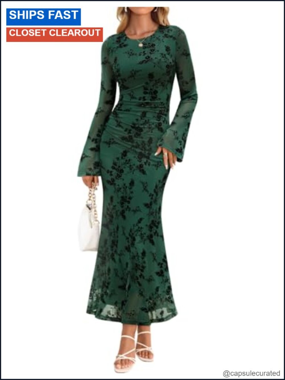 Long Sleeve Floral Bodycon Ruched Mesh Maxi Formal Dress